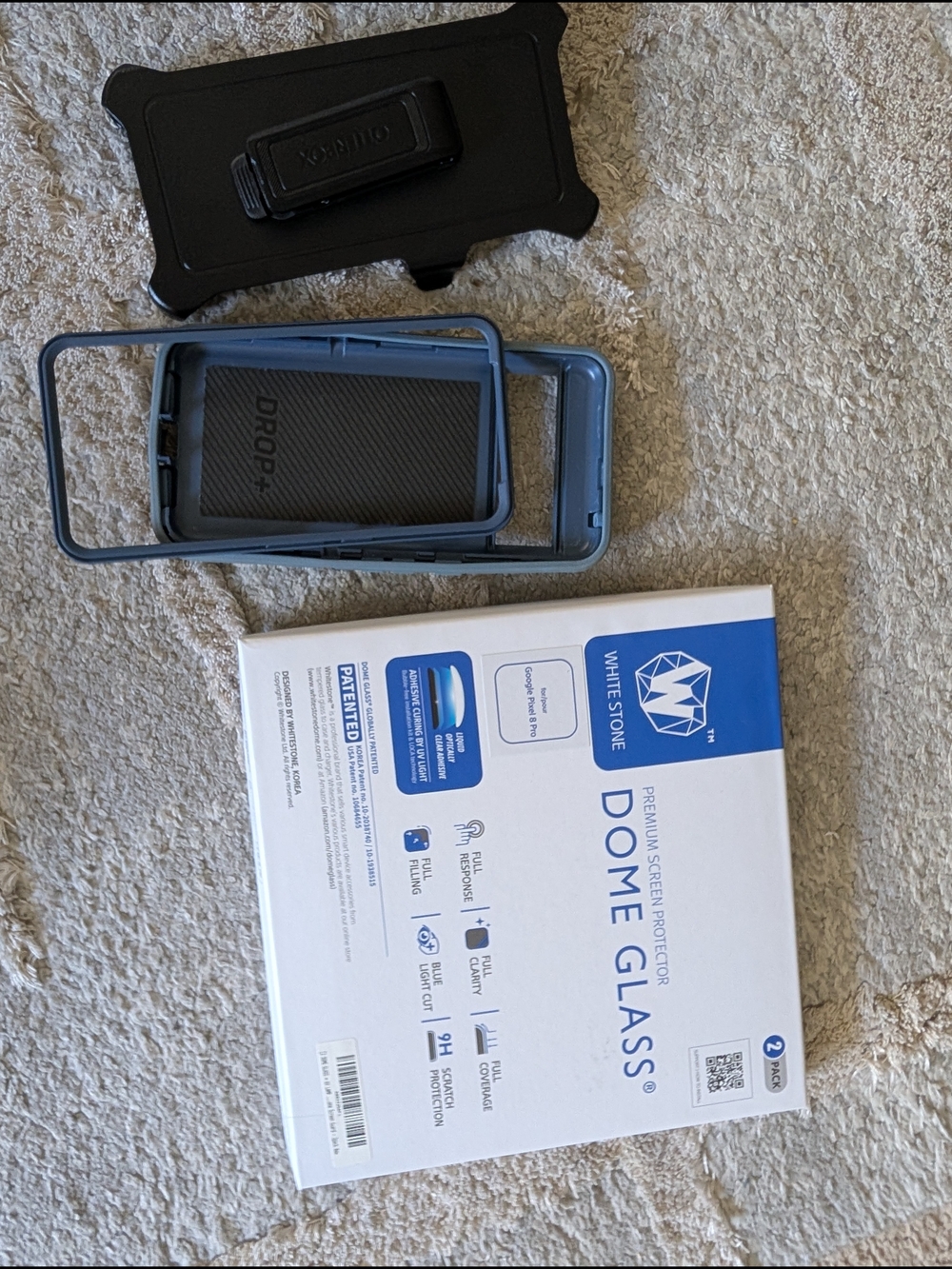 Pixel 8 pro Wht Dome Glass Screen Protector (1) AND OtterBox Defender Pro Case